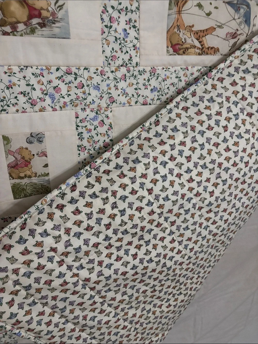 Cream Floral Baby Quilt with Winnie the Pooh characters